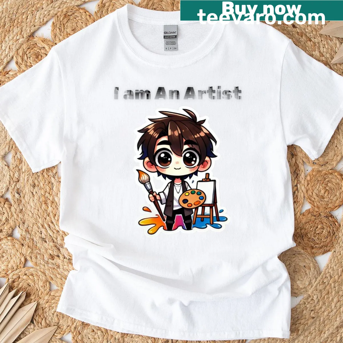 Chibi artist t-shirt with whimsical design showcasing creativity — on a men's t-shirt