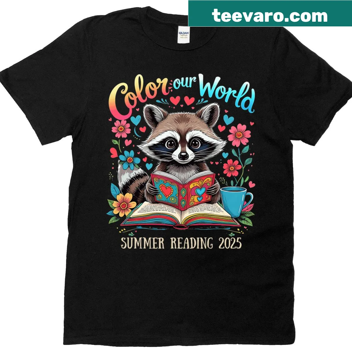 Cute raccoon t-shirt for book lovers with summer reading theme — on a men's t-shirt
