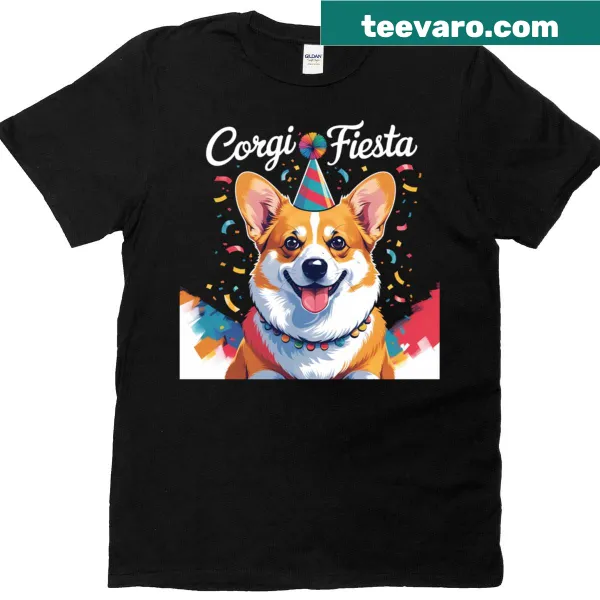 Playful corgi illustration celebrating a fiesta on a t-shirt