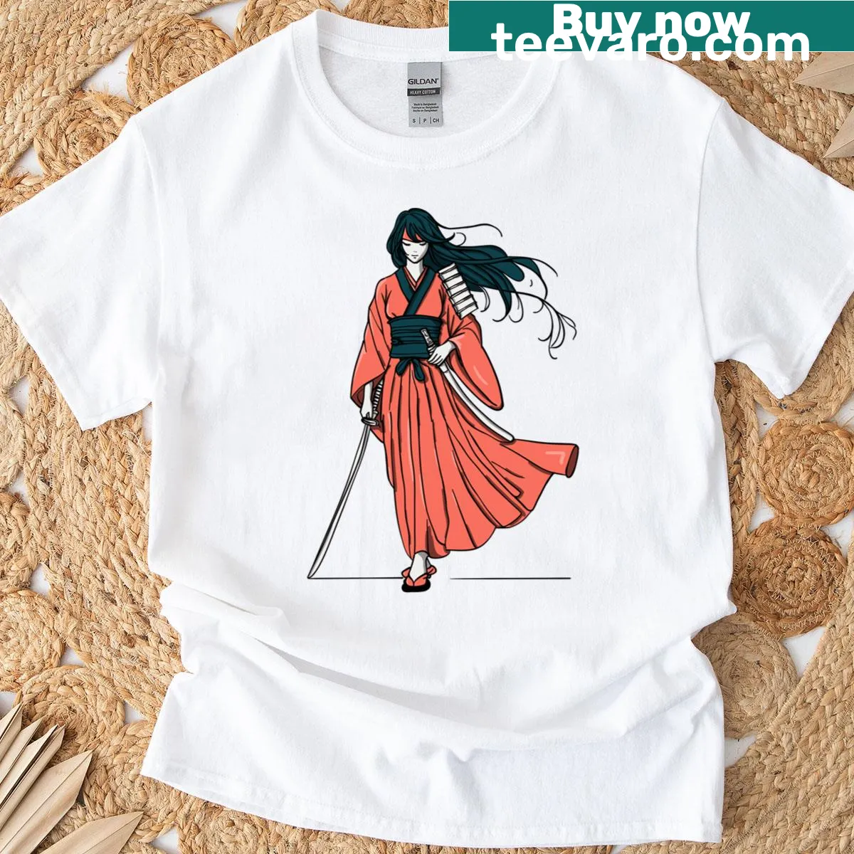 Illustration of a samurai in crimson attire — on a men's t-shirt