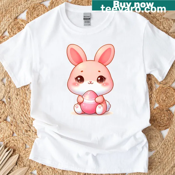 Kawaii pink Easter bunny graphic on T-shirt