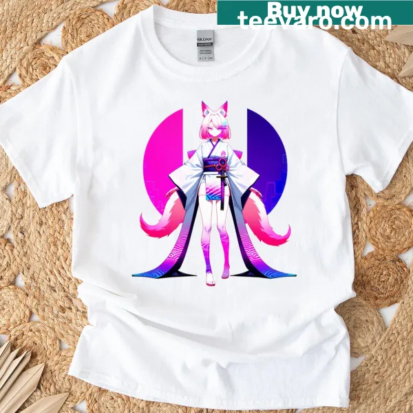 Futuristic cyber kitsune design on a T-shirt