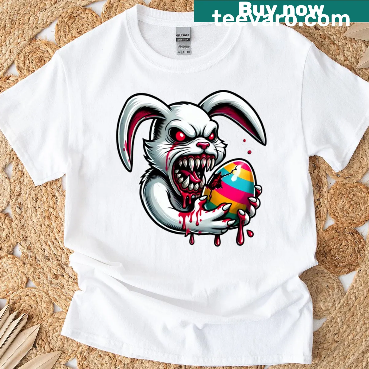 Demon bunny design T-shirt with playful horror theme — on a men's t-shirt