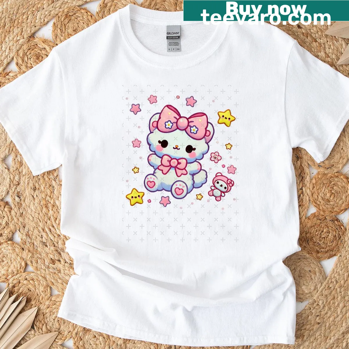 Charming bear design drifting among stars in a dreamy illustration. — on a men's t-shirt
