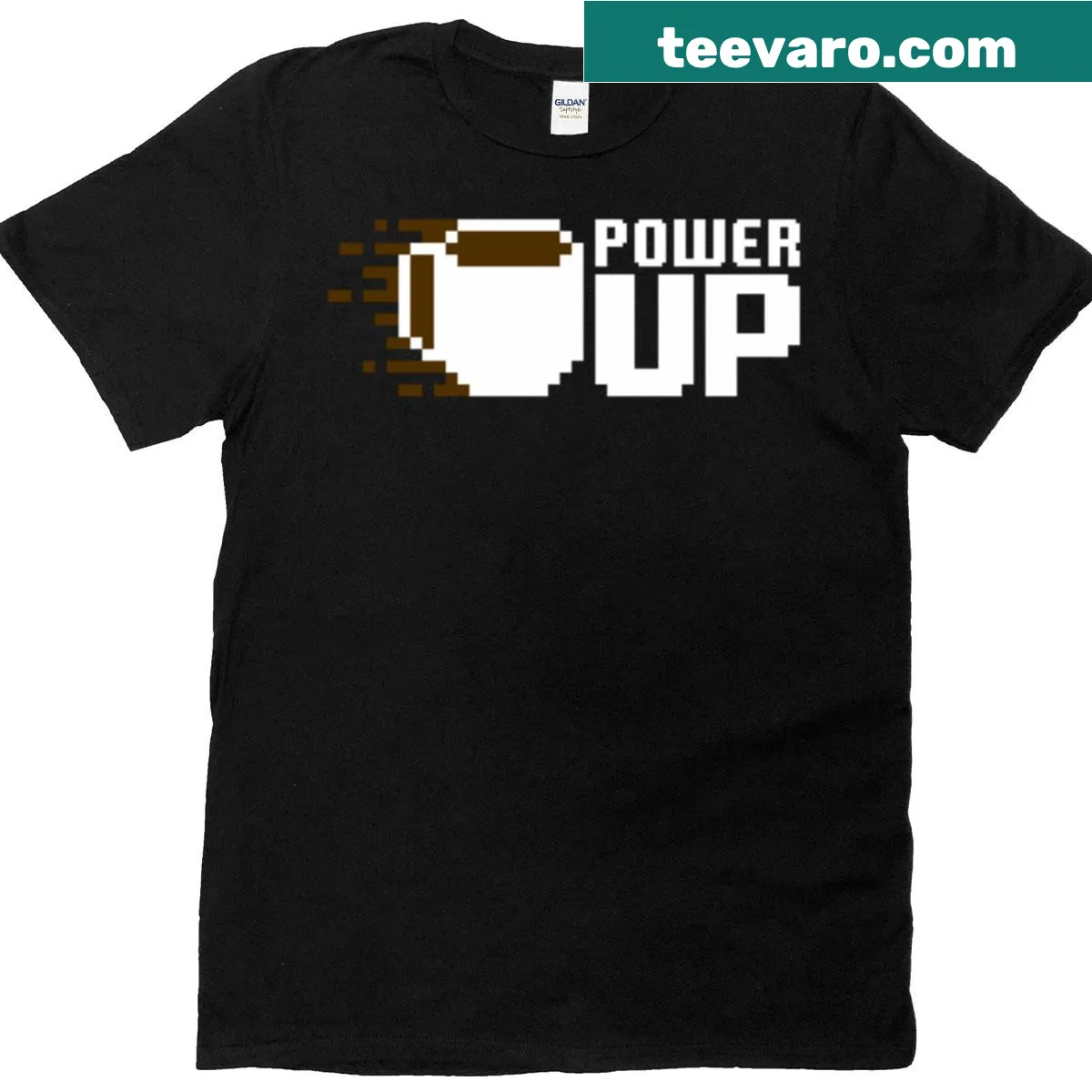 Coffee-themed T-shirt with motivational text 'Drink Coffee And Power Up' — on a men's t-shirt