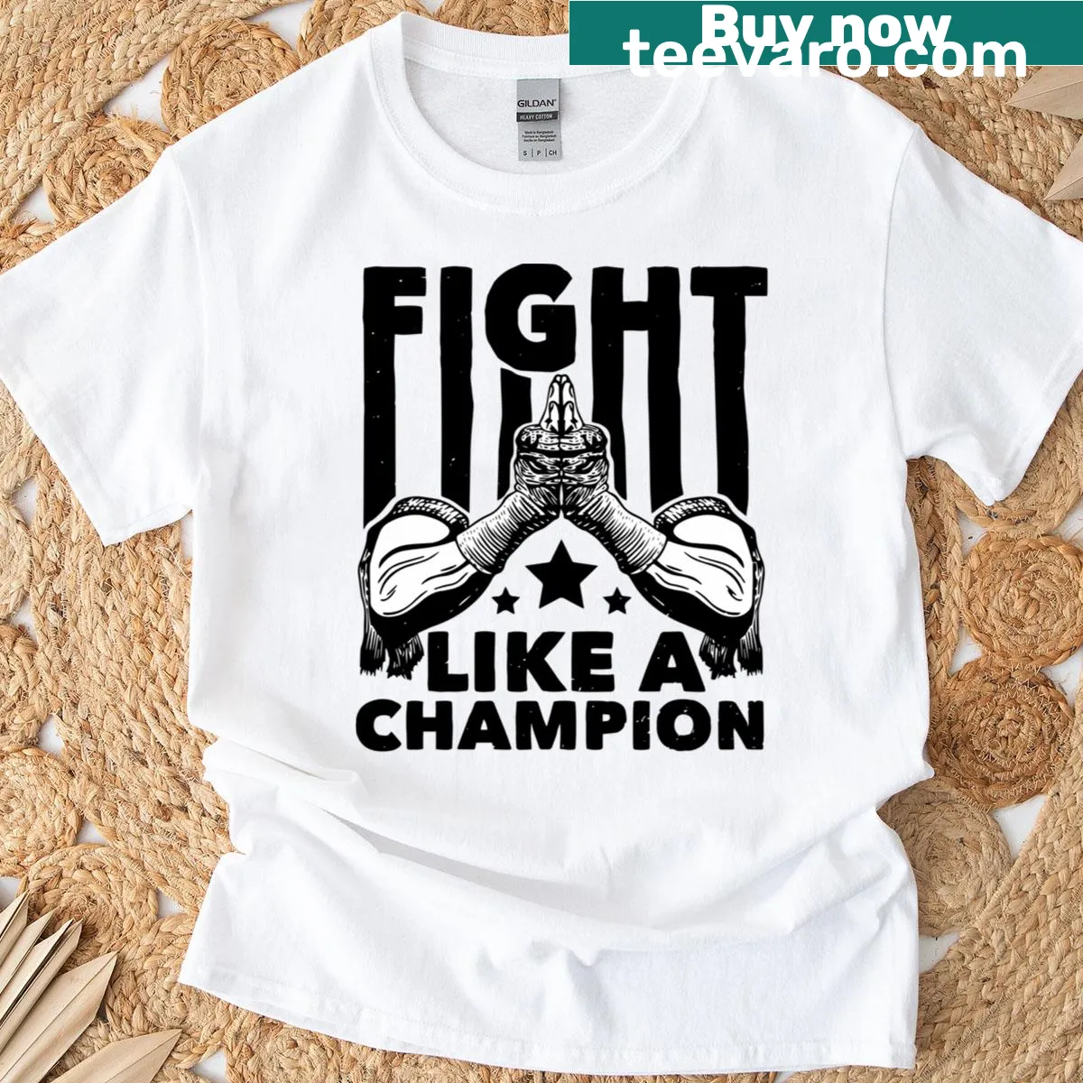 Motivational T-shirt with the phrase 'Fight Like A Champion' — on a men's t-shirt
