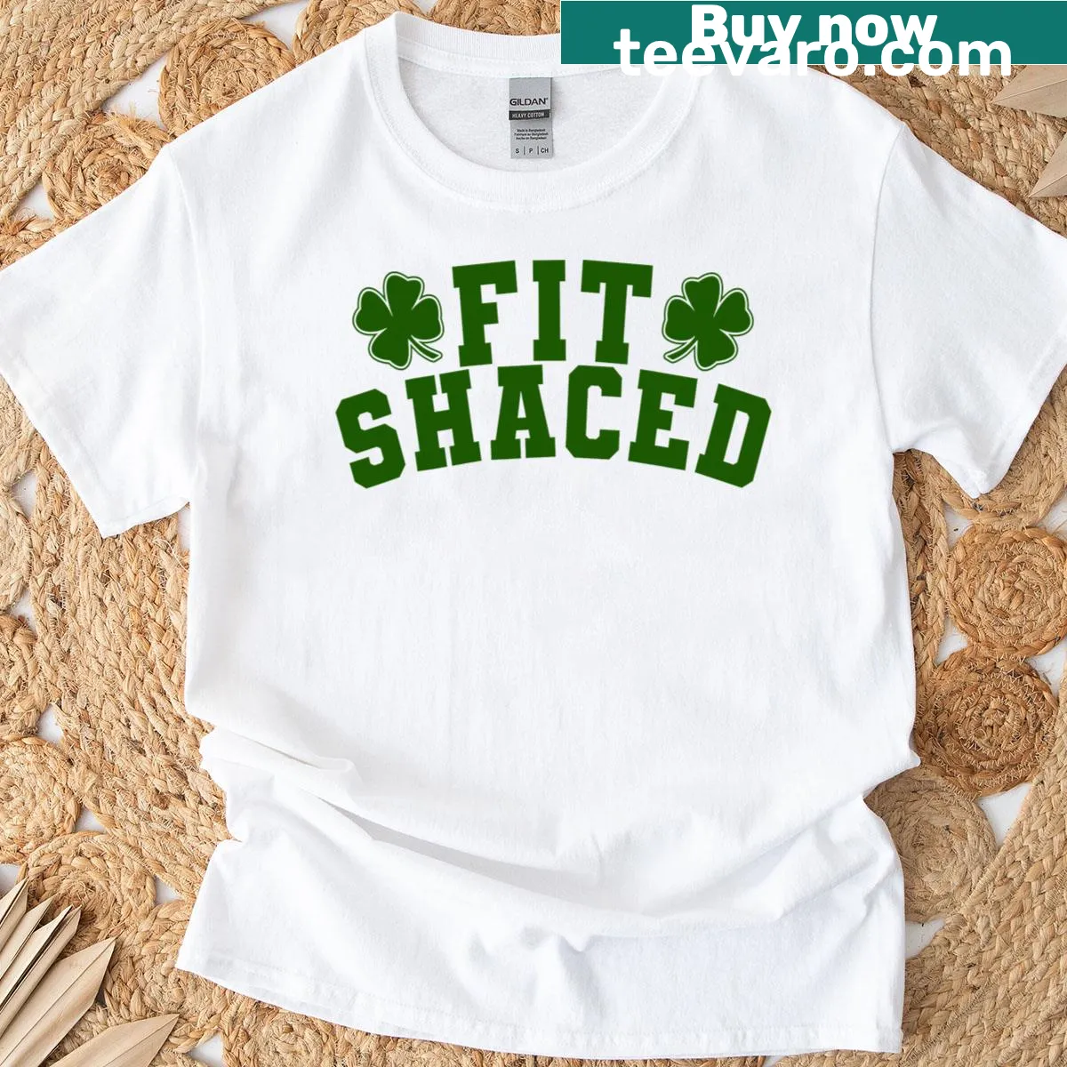 Funny Irish drinking shirt with shamrock design and 'Fit Shaced' text — on a men's t-shirt