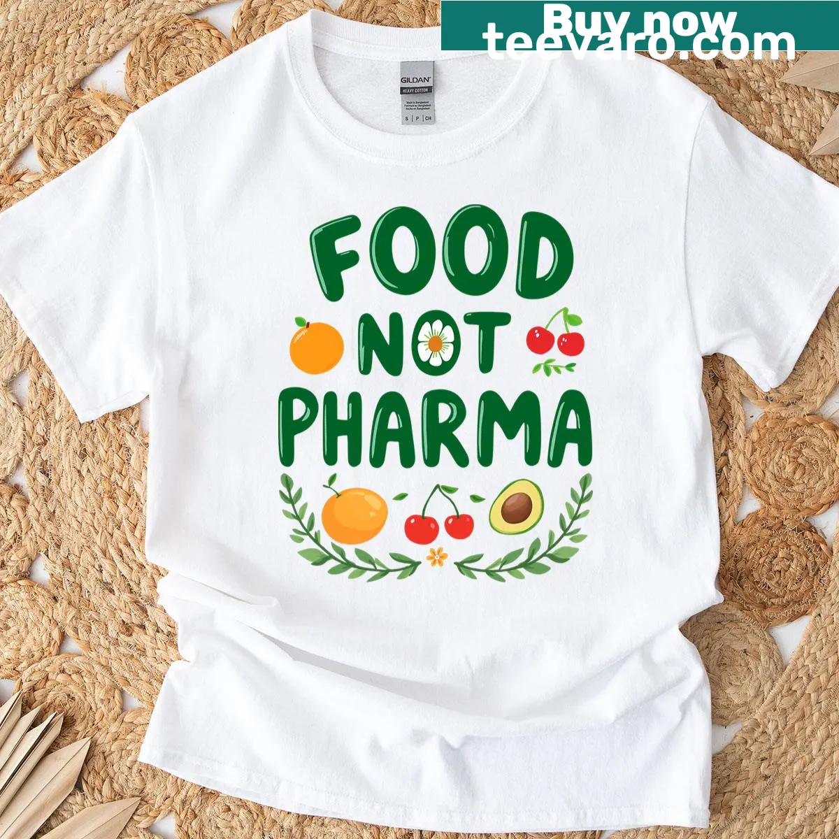 T-shirt with 'Food Not Pharma' text promoting healthy eating — on a men's t-shirt