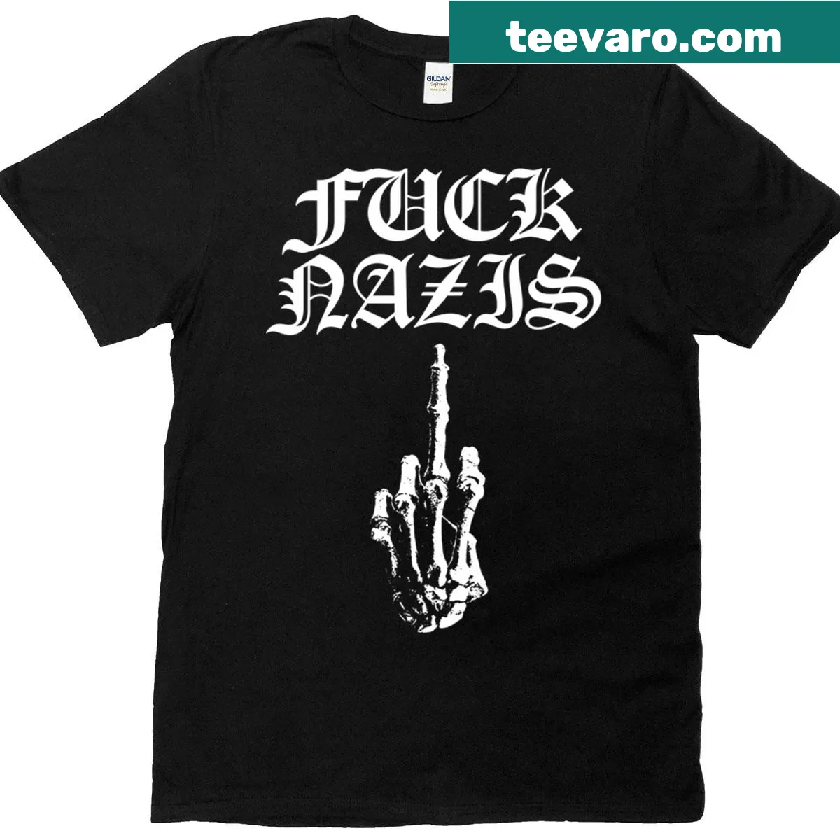 Funny skeleton hand giving the middle finger T-shirt — on a men's t-shirt