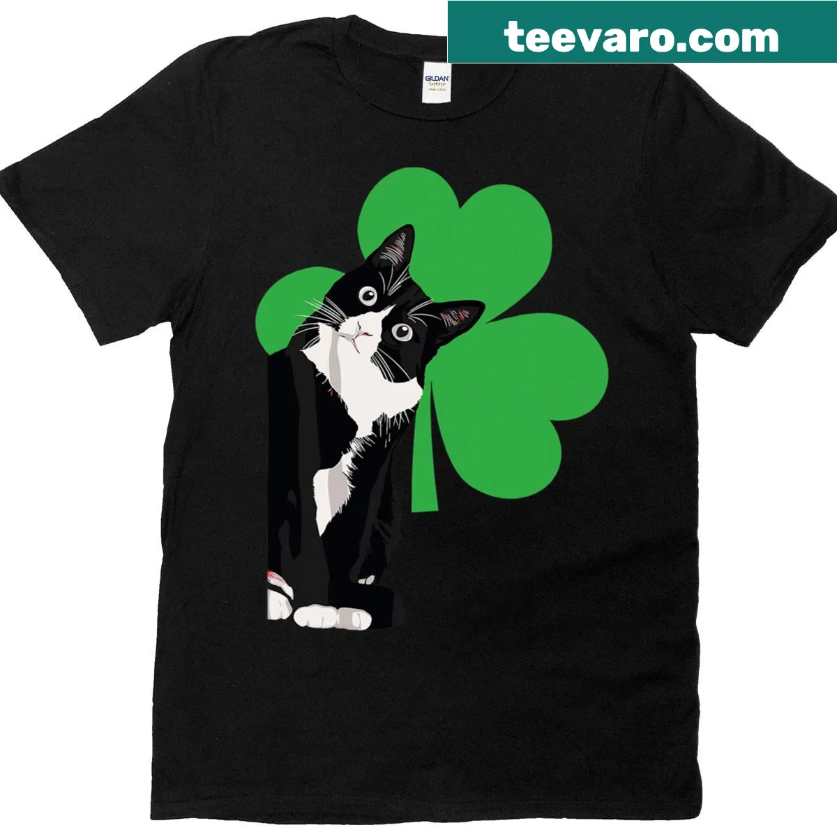 Funny St. Patrick's Day t-shirt featuring a tuxedo cat and shamrocks — on a men's t-shirt