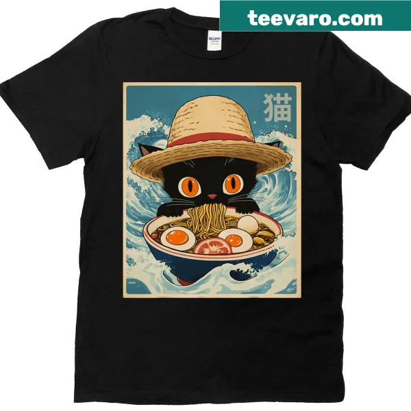 Cat enjoying ramen noodles in a kawaii style graphic