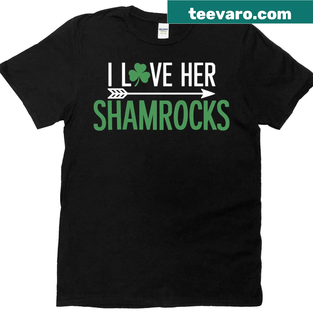 Couple's t-shirt with I Love Her and shamrocks design — on a men's t-shirt