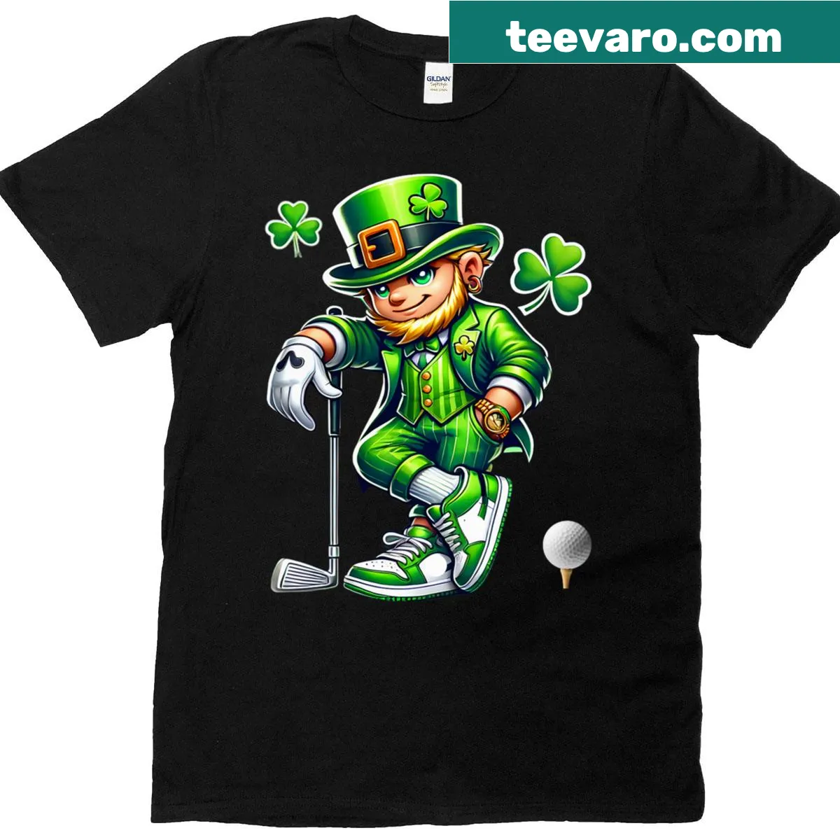 Leprechaun playing golf graphic for St. Patrick's Day — on a men's t-shirt