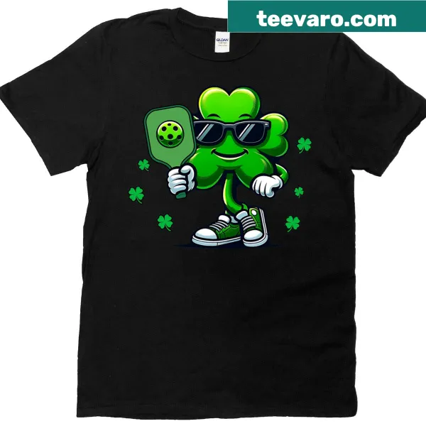 St. Patrick's Day t-shirt featuring a pickleball and clover motif