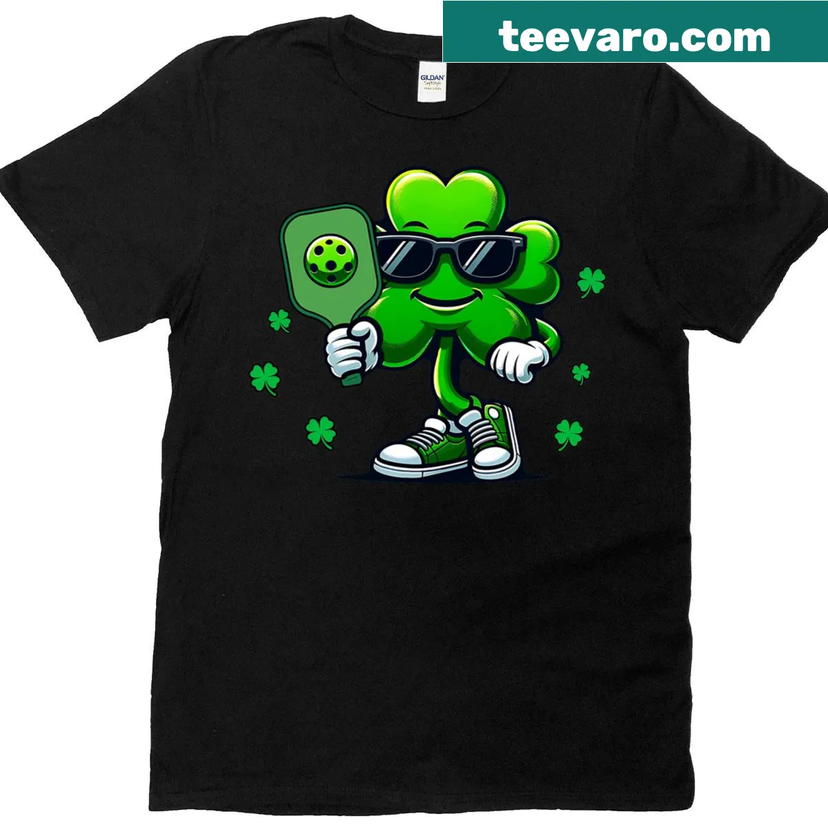 St. Patrick's Day t-shirt featuring a pickleball and clover motif — on a men's t-shirt