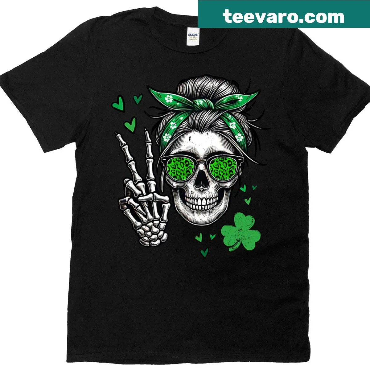 Cartoon skull with a messy bun on a St. Patrick's Day t-shirt — on a men's t-shirt