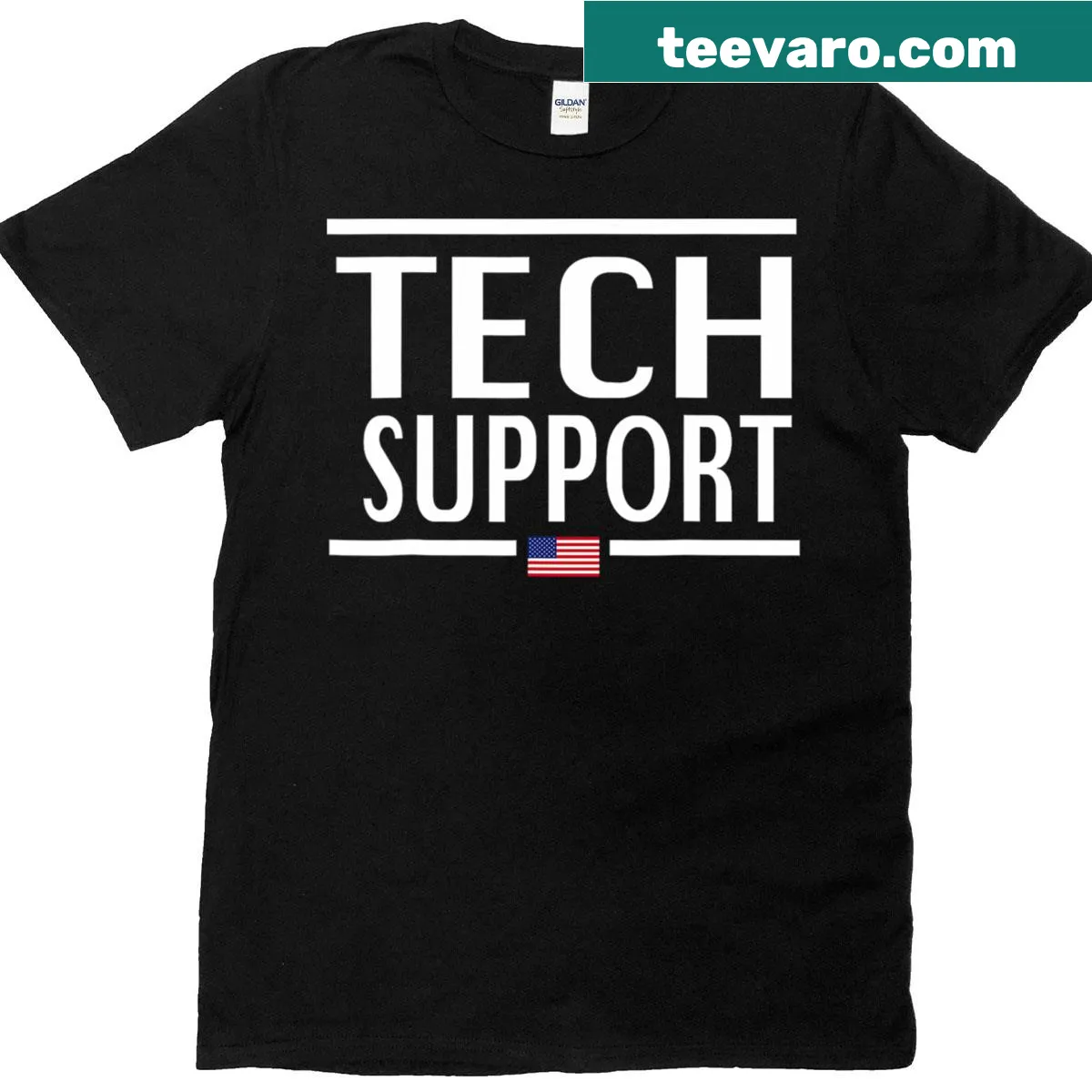 Funny T-shirt with American flag and tech support text — on a men's t-shirt