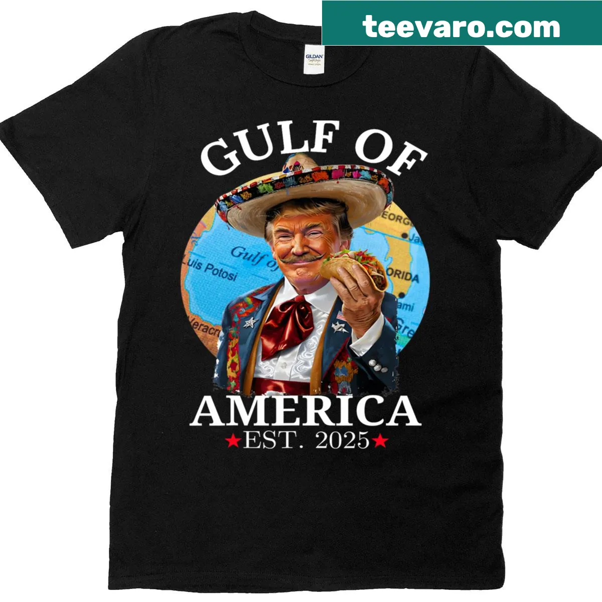 Political humor t-shirt with Trump Gulf Of Us America 2025 design — on a men's t-shirt