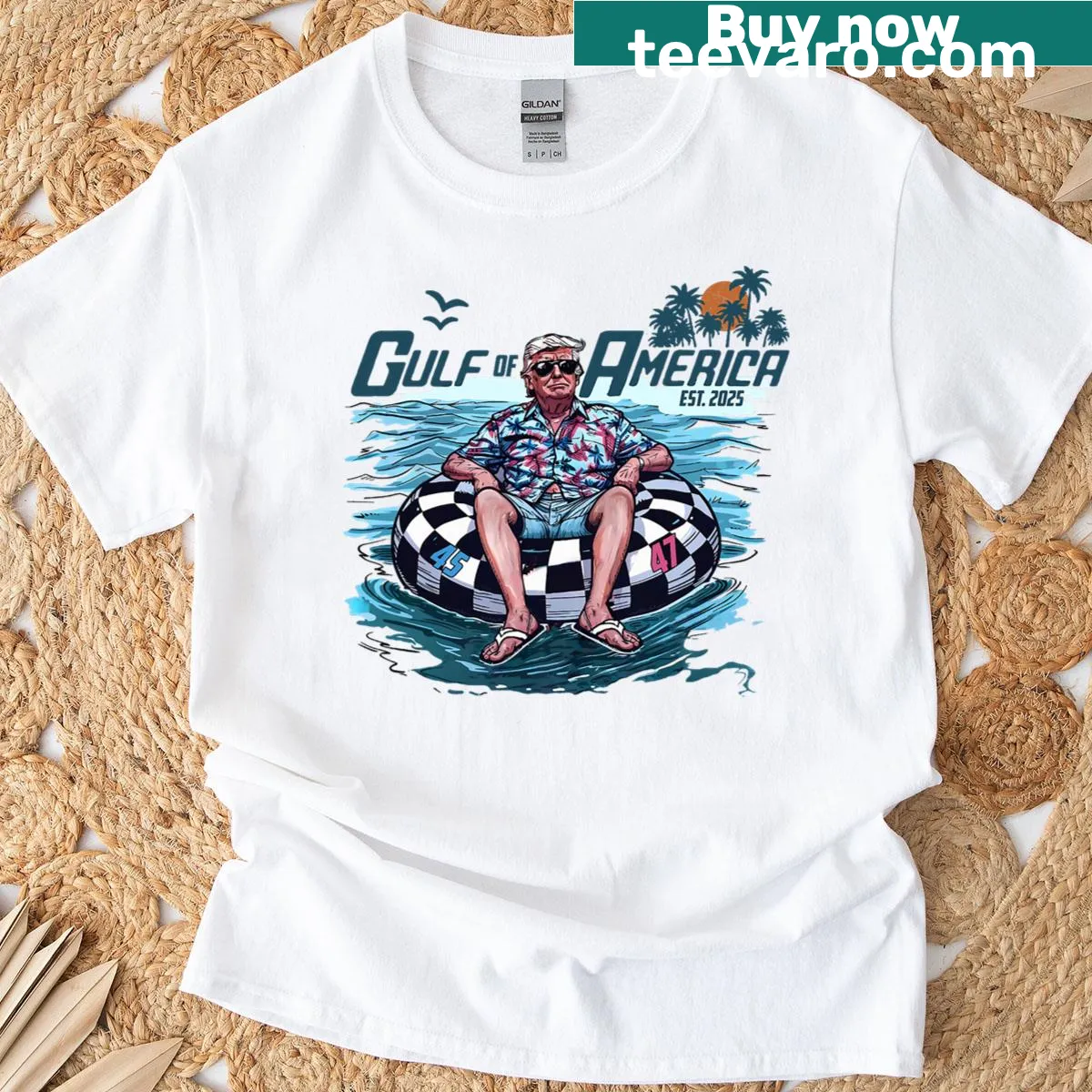 Gulf Of Us America Est 2025 humorous typography t-shirt — on a men's t-shirt