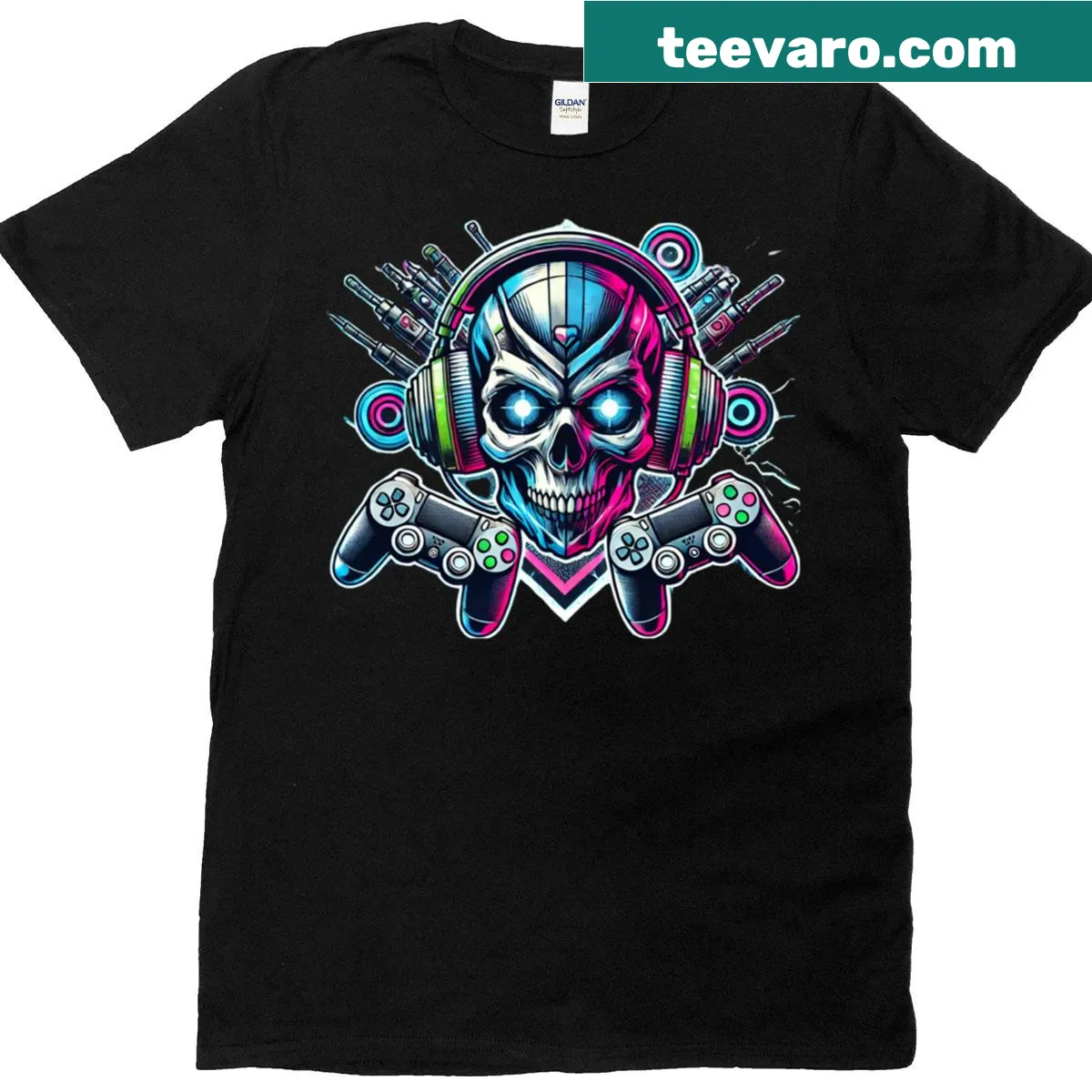 Futuristic neon gamer skull logo t-shirt with headset design — on a men's t-shirt