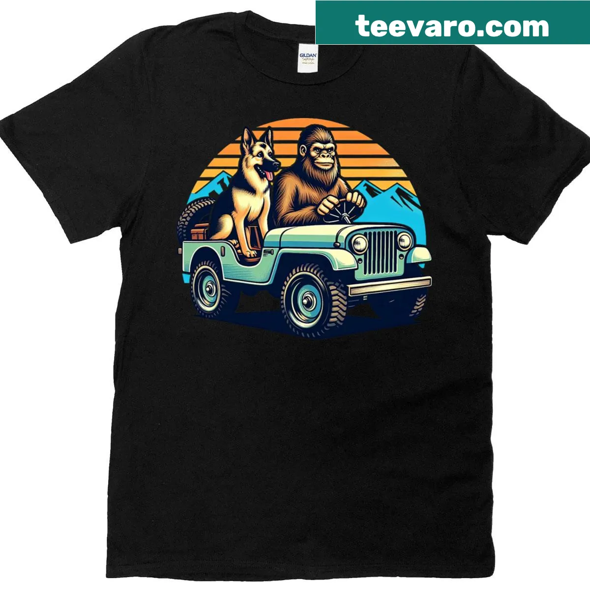Funny German Shepherd and Sasquatch graphic on t-shirt — on a men's t-shirt