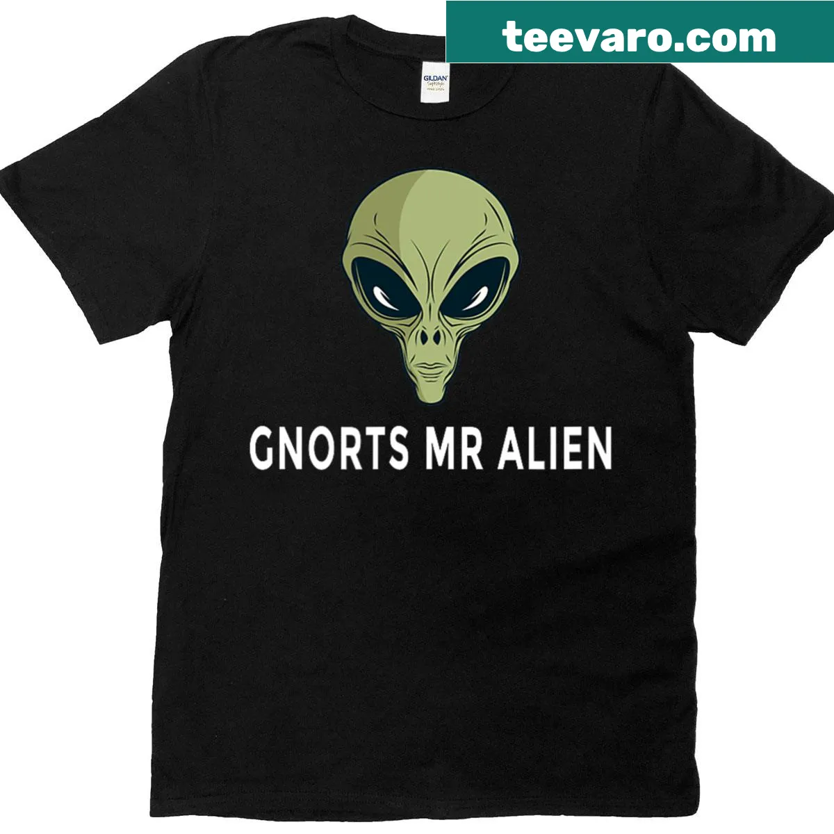 Cartoon alien character Gnorts on a fun t-shirt design — on a men's t-shirt