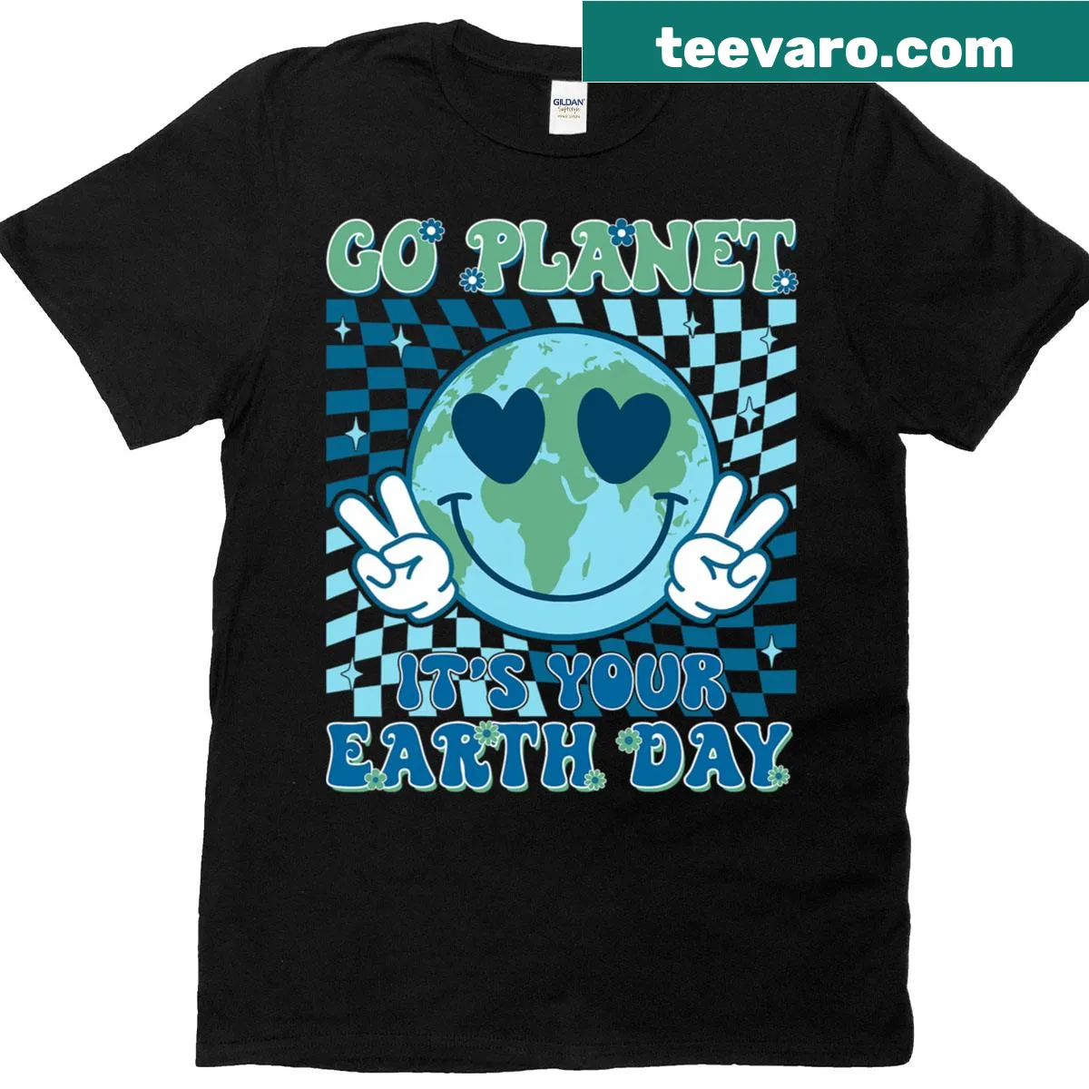 Cute Earth Day Kids T-shirt with cartoon planet design — on a men's t-shirt