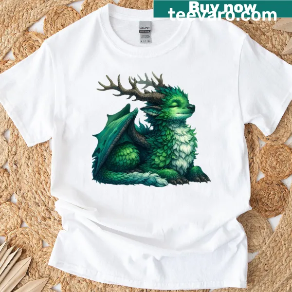 Majestic green dragon t-shirt in mid-flight illustration