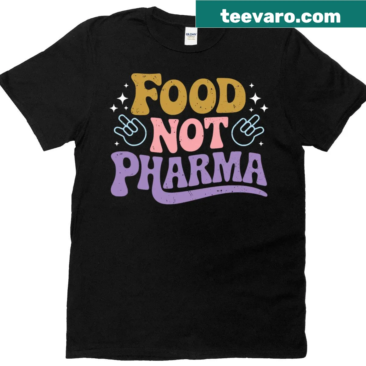 Food Not Pharma t-shirt with playful typography — on a men's t-shirt
