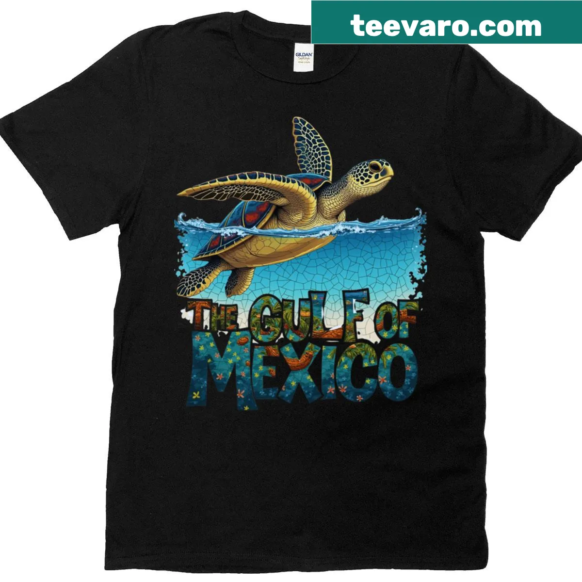 T-shirt featuring a cheerful turtle design inspired by Gulf of Mexico — on a men's t-shirt