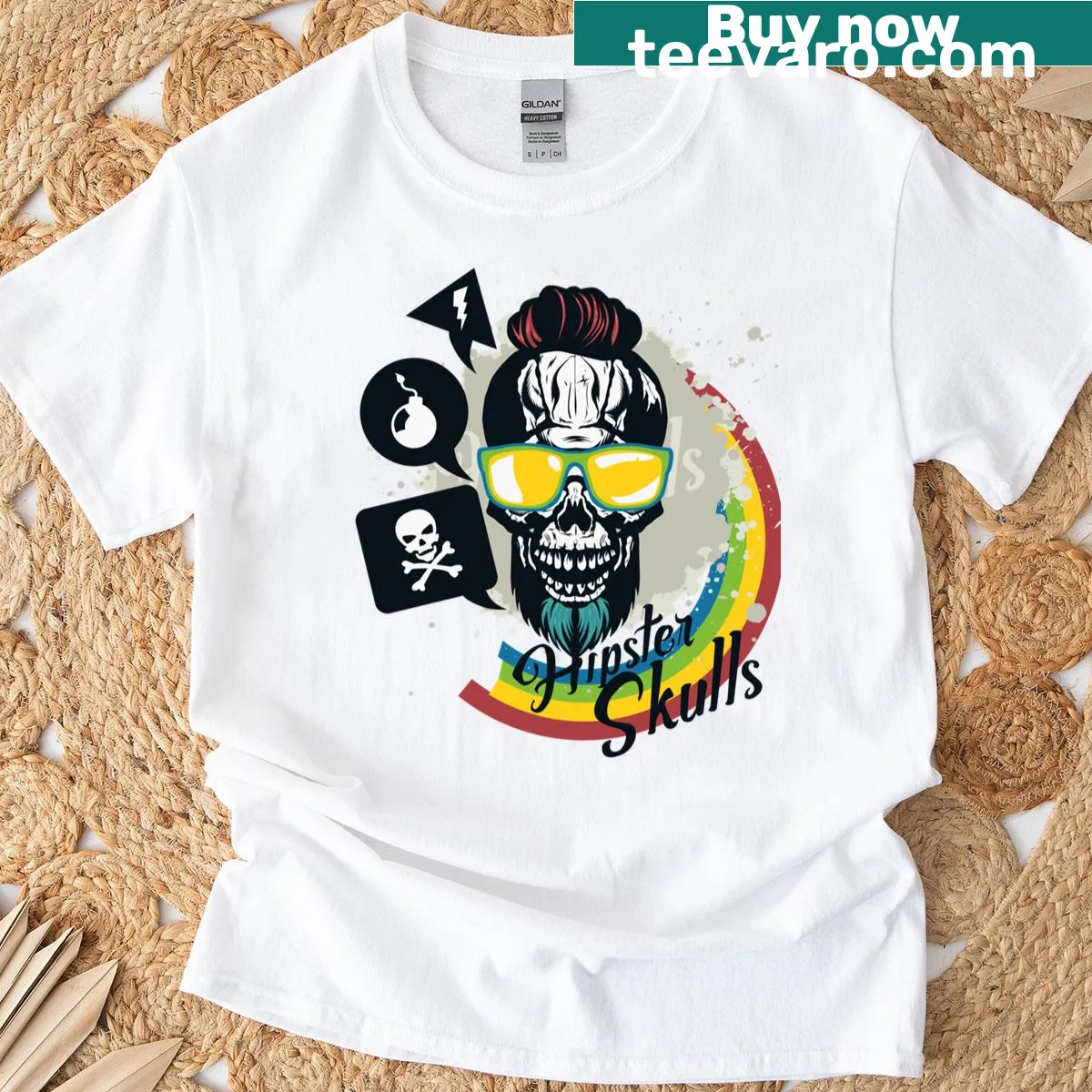 Illustration of hipster skulls with glasses and edgy graphics — on a men's t-shirt