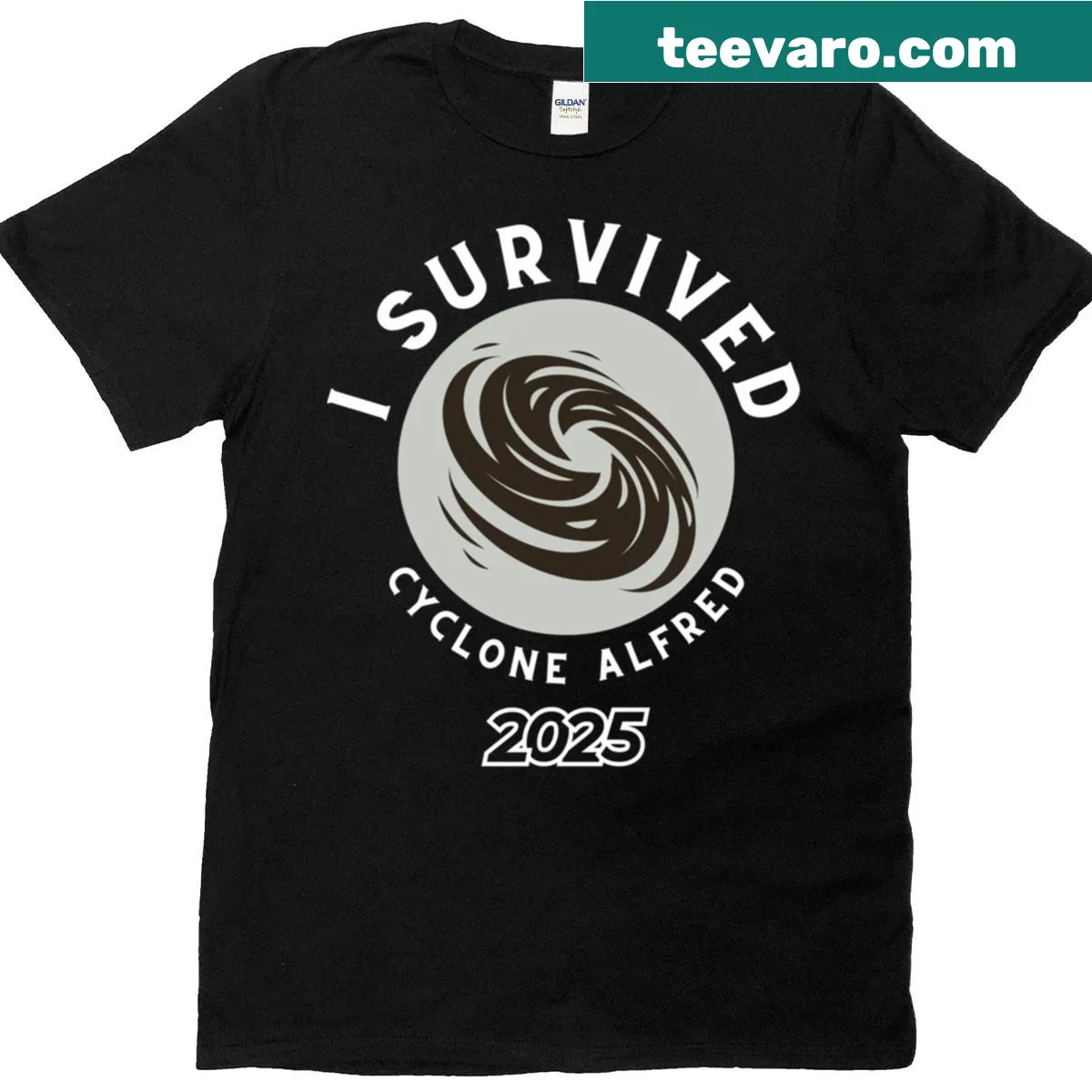 Commemorative shirt for surviving Cyclone Alfred 2025 — on a men's t-shirt