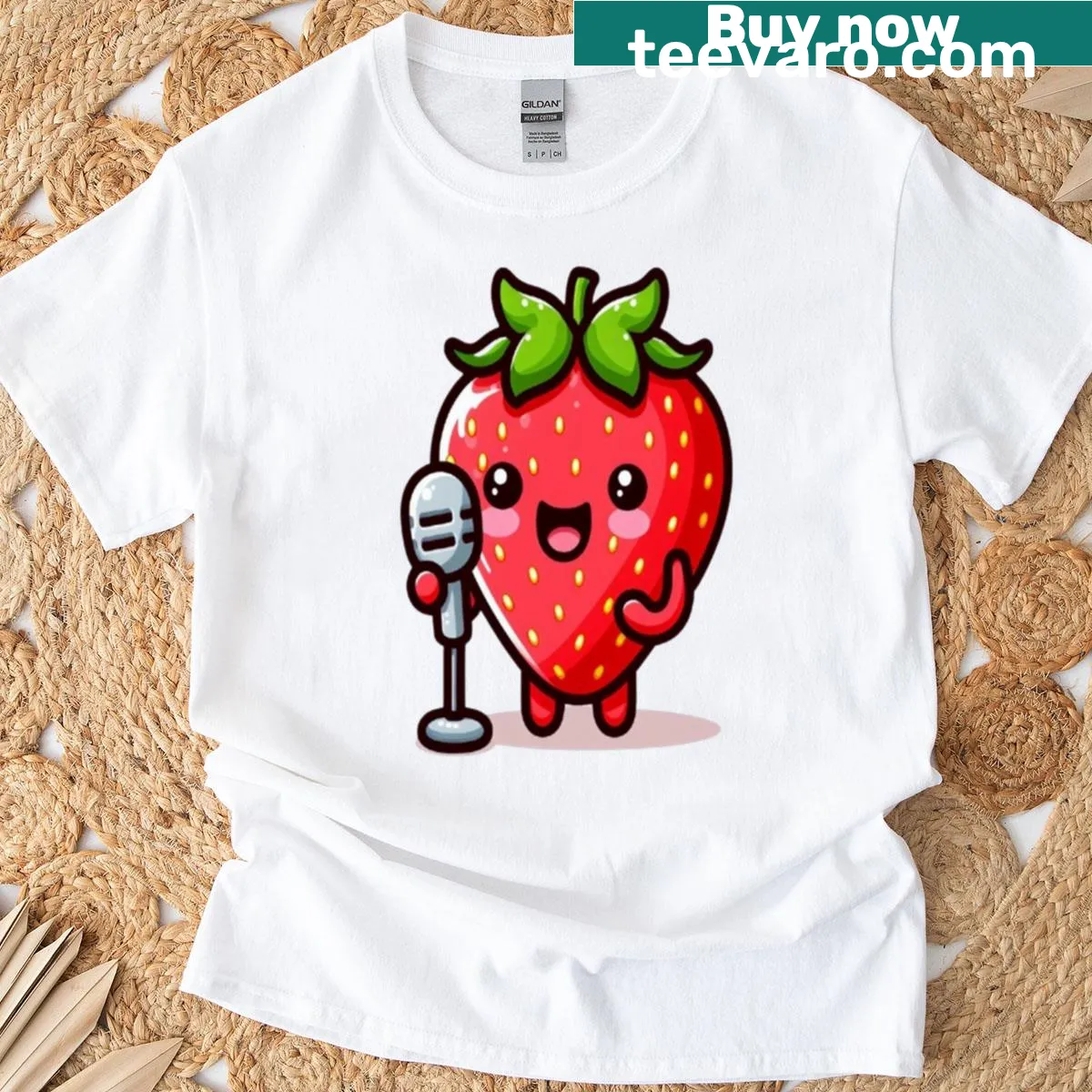 Cute cartoon strawberry with microphone on t-shirt — on a men's t-shirt