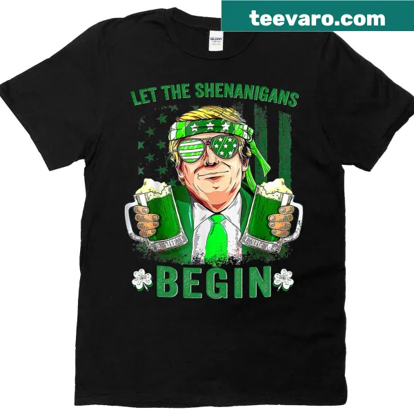 Funny St. Patrick's Day t-shirt with text 'Let The Shenanigans Begin'