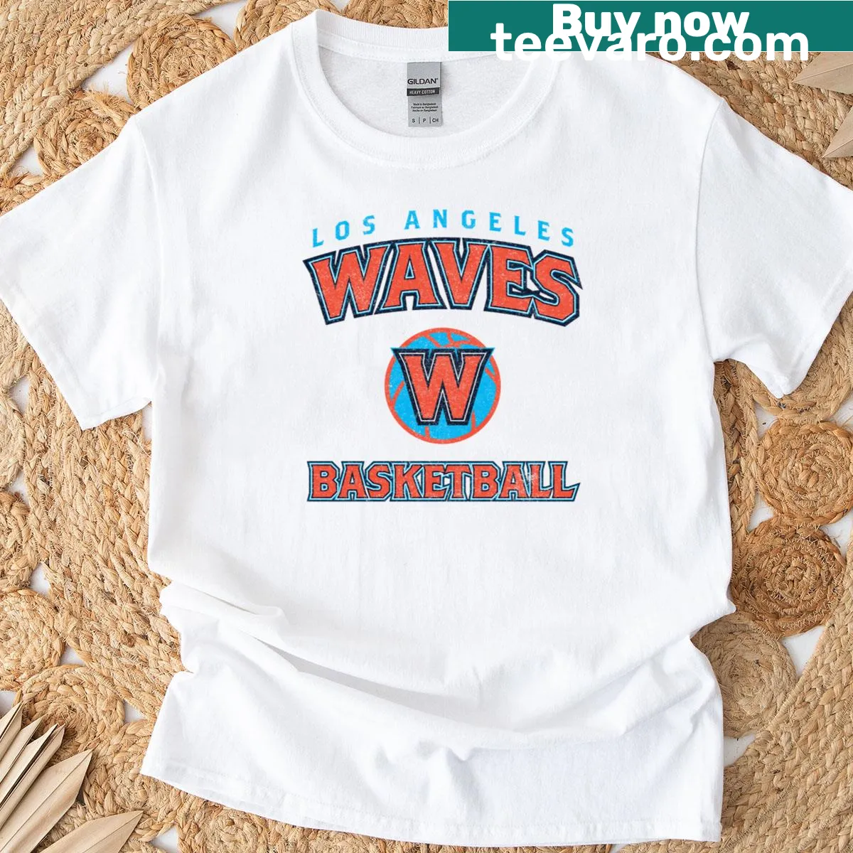 Basketball-themed T-shirt featuring Los Angeles Waves illustration — on a men's t-shirt