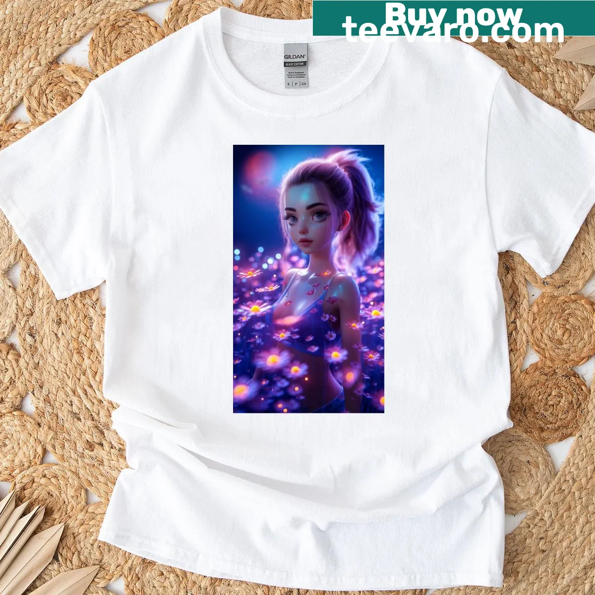 Manga girl illustration in a purple flower field on t-shirt — on a men's t-shirt