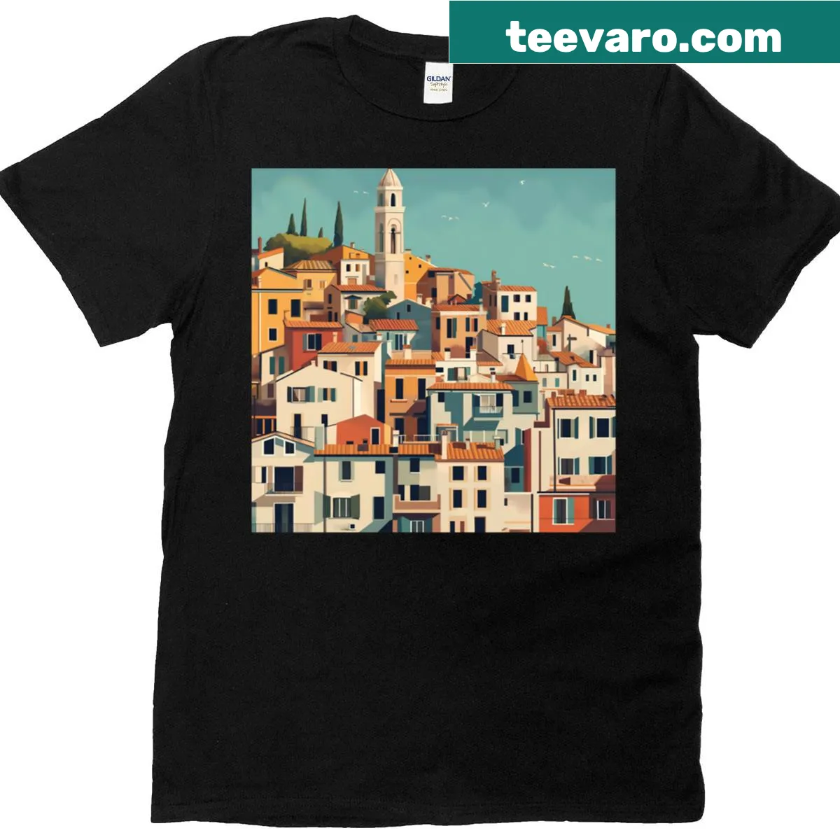 Hillside town illustration inspired by Mediterranean village — on a men's t-shirt