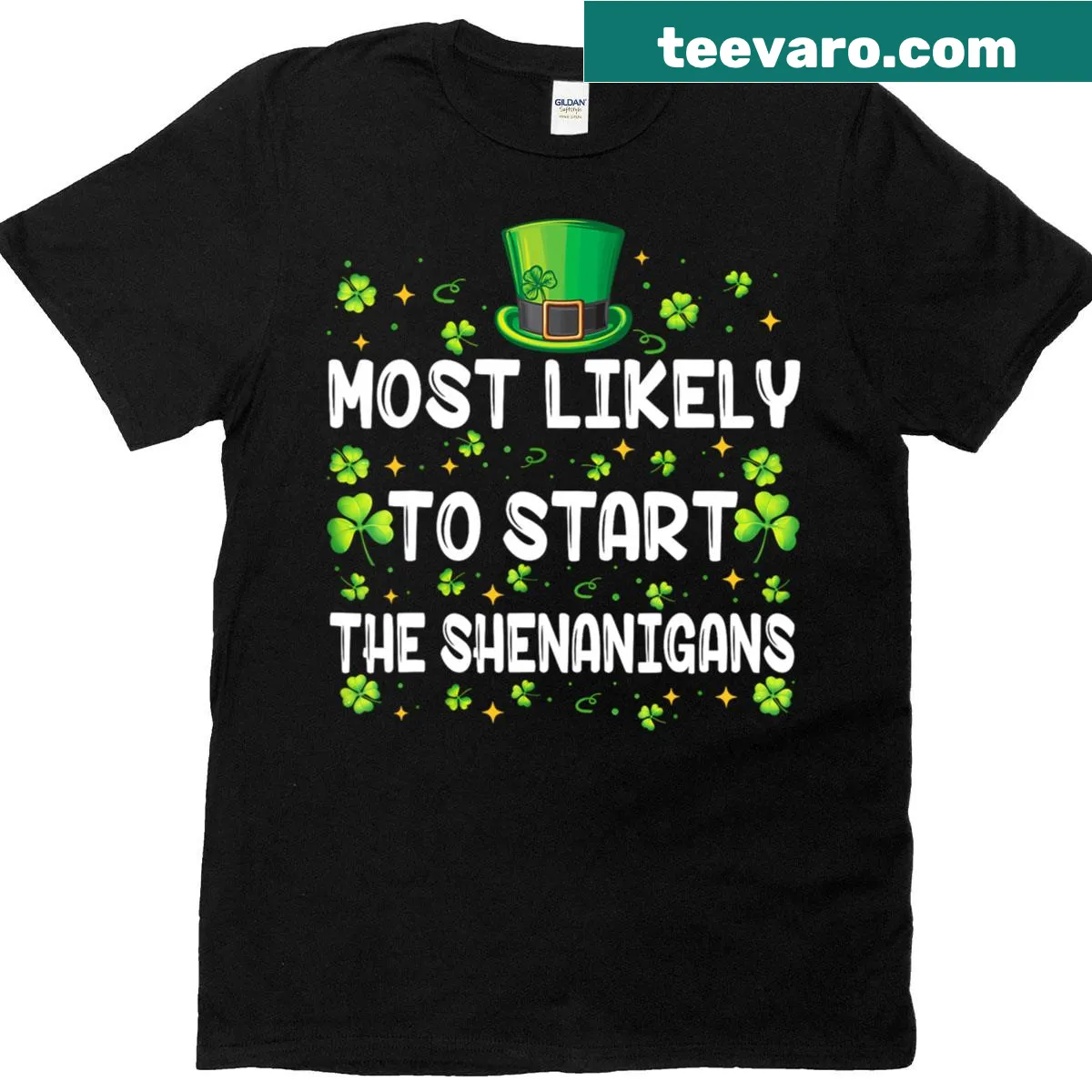 Funny T-shirt for St. Patrick's Day with shenanigans phrase — on a men's t-shirt
