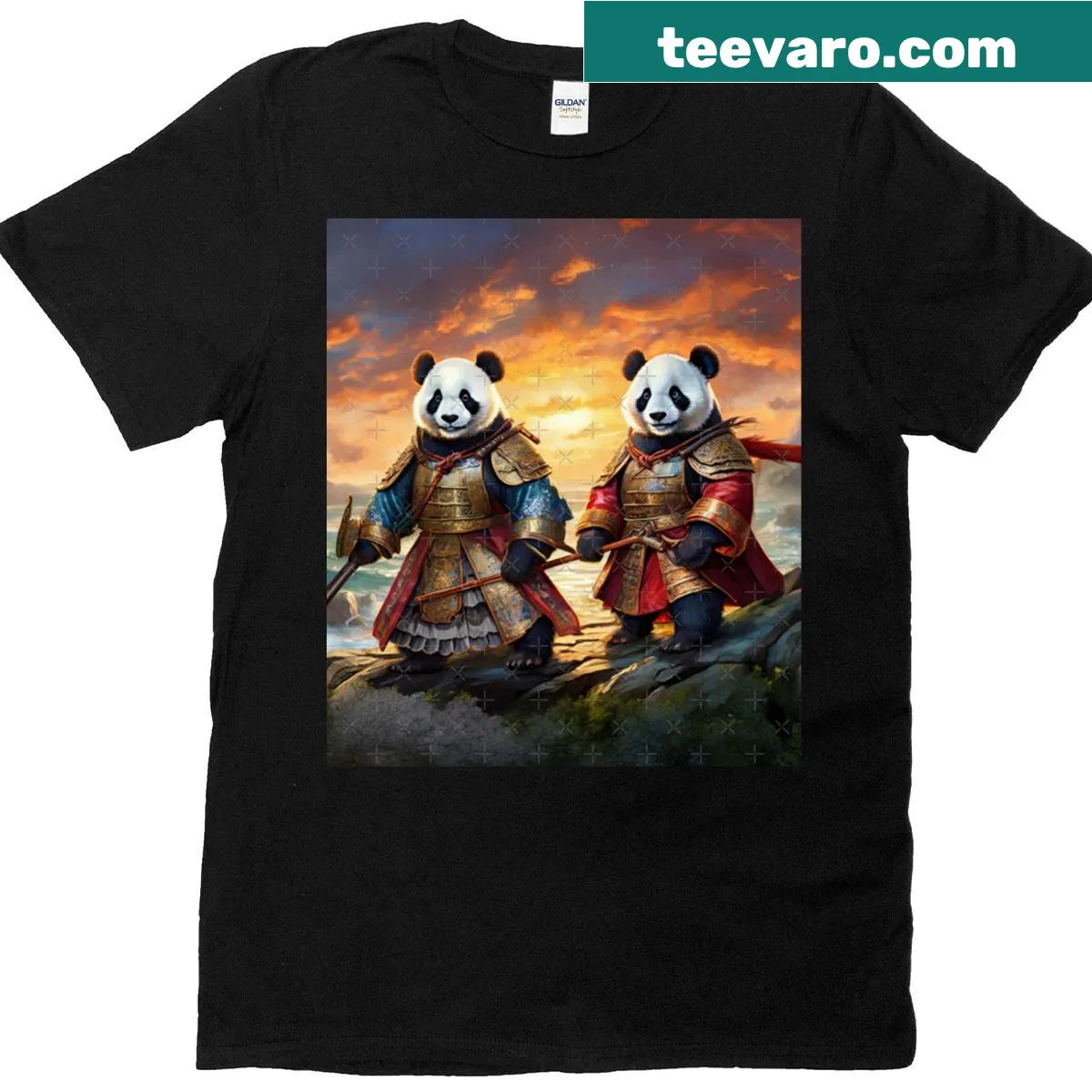 T-shirt featuring playful panda warriors designed by Rich Amen Gill — on a men's t-shirt