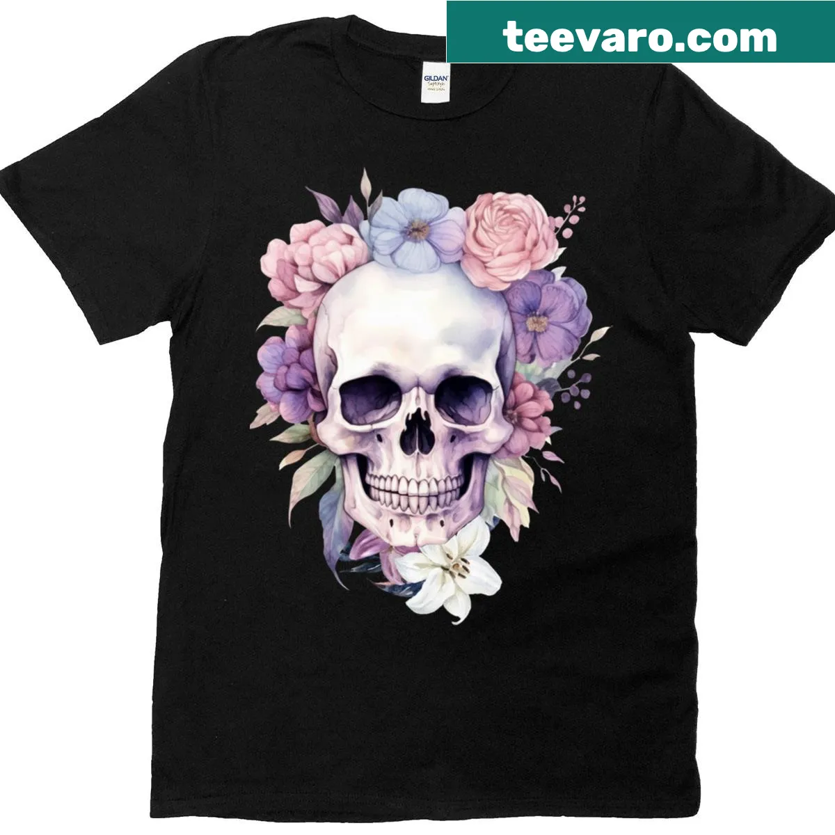 Pastel goth T-shirt featuring a skull illustration with pastel colors — on a men's t-shirt