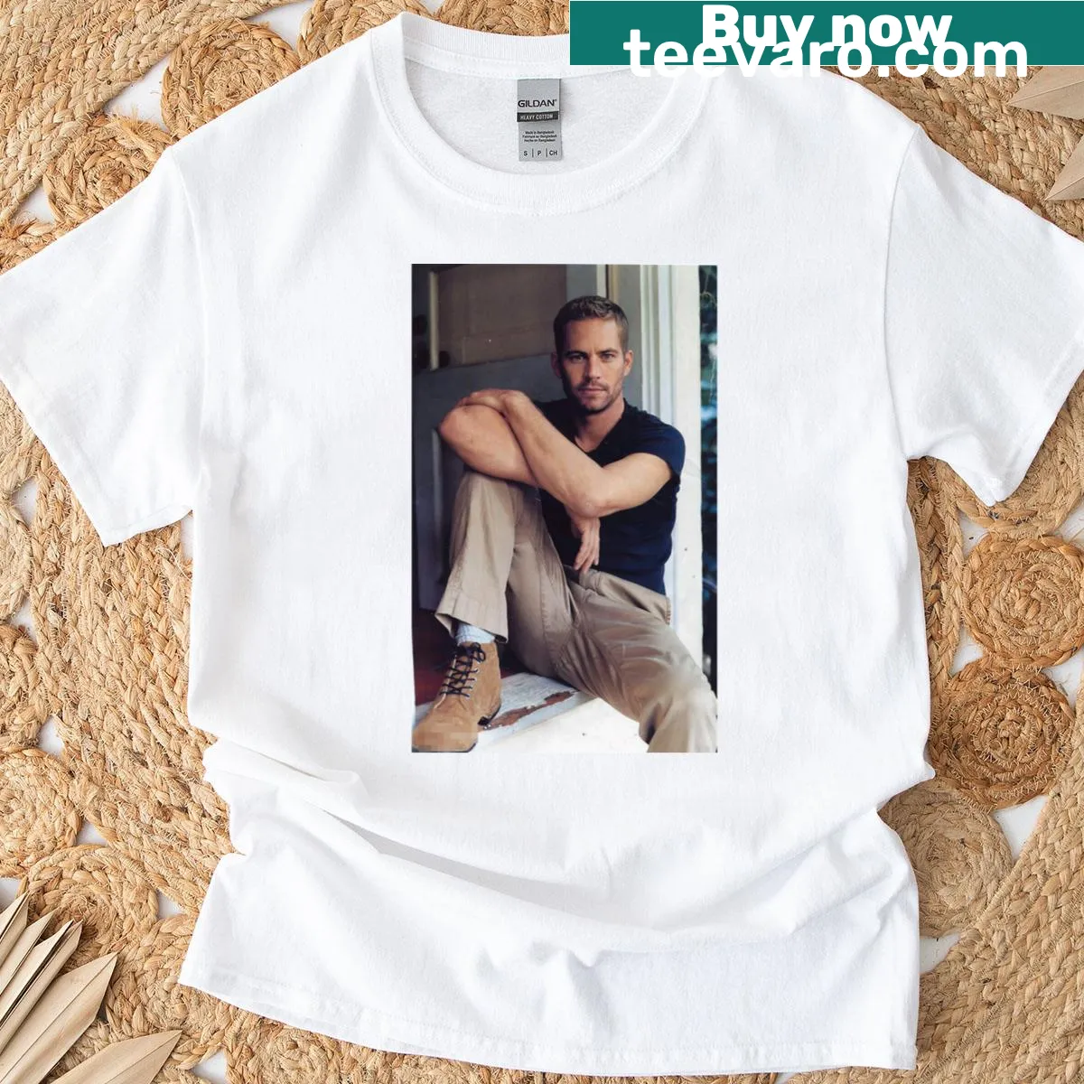 Vintage-style T-shirt honoring Paul Walker with a car-themed graphic. — on a men's t-shirt