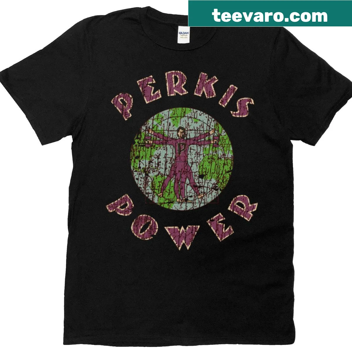 T-shirt featuring bold typography of 'Perkis Power' from 1995 — on a men's t-shirt