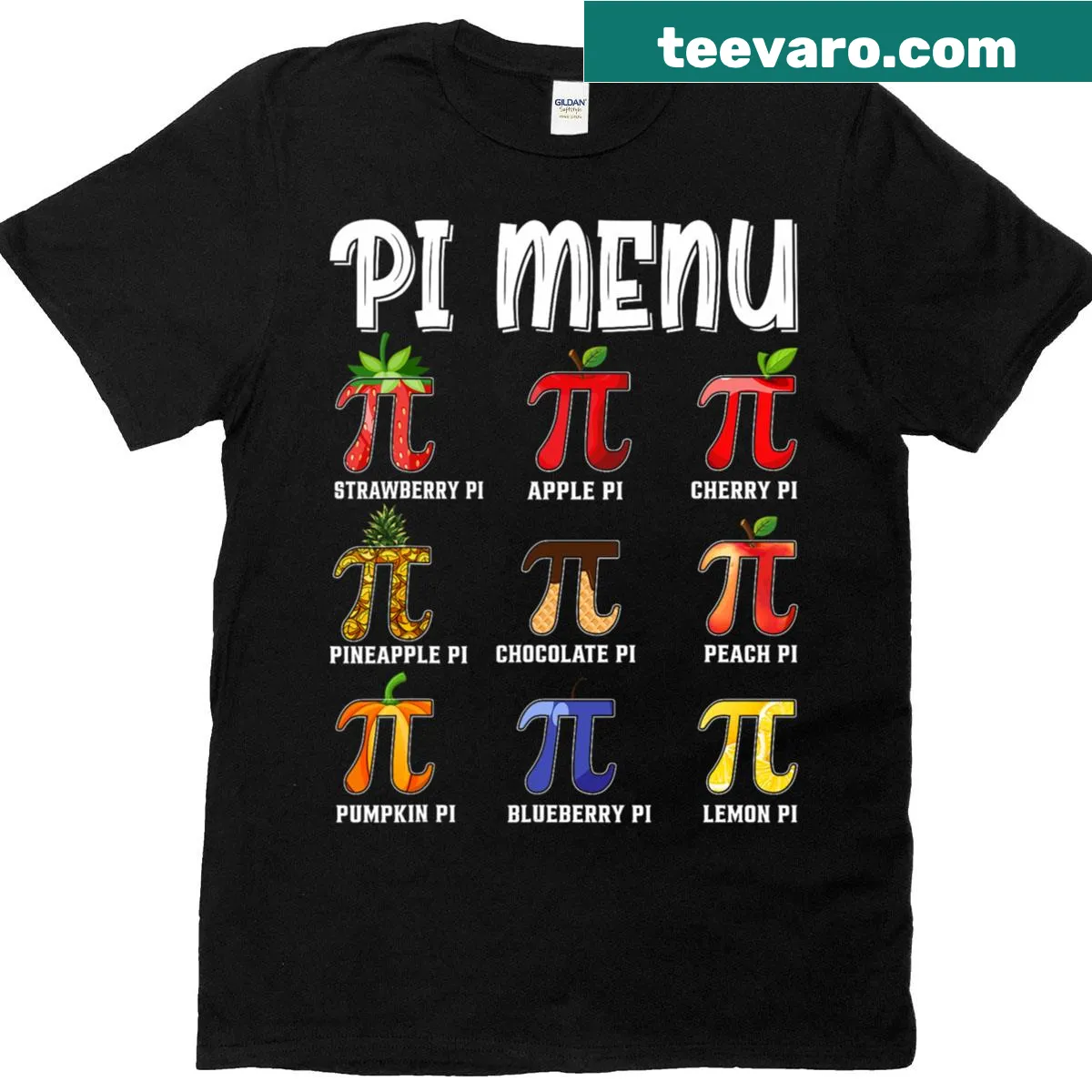 Funny Pi-themed T-shirt with pie menu design. — on a men's t-shirt