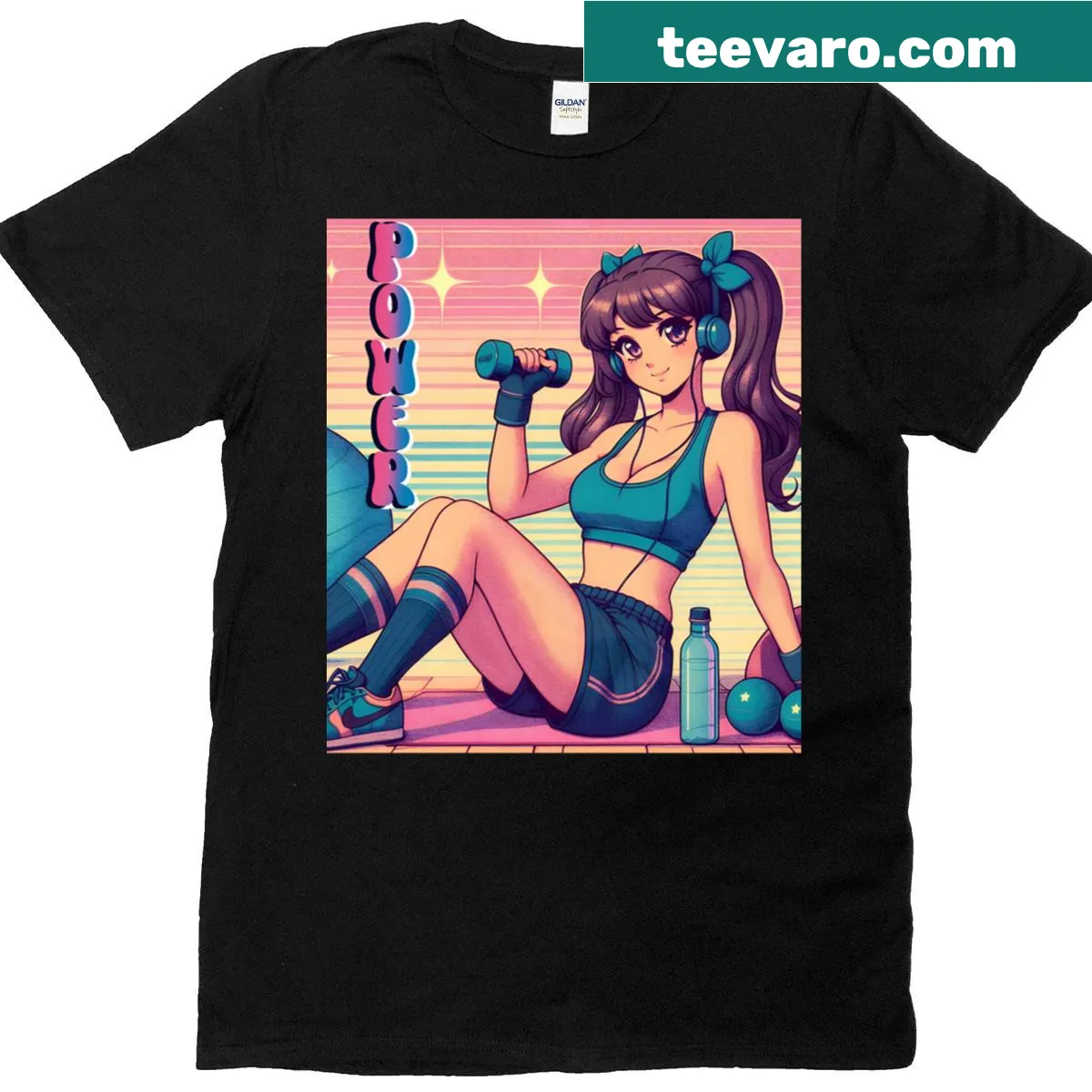 Cute retro anime character exercising on a t-shirt — on a men's t-shirt