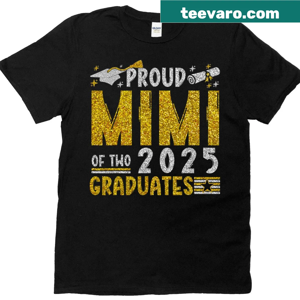 Text celebrating 'Proud Mimi Of Two 2025 Graduates' on a t-shirt — on a men's t-shirt