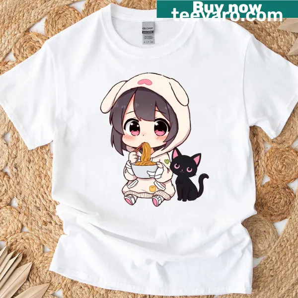 Manga girl enjoying ramen on a playful T-shirt design.