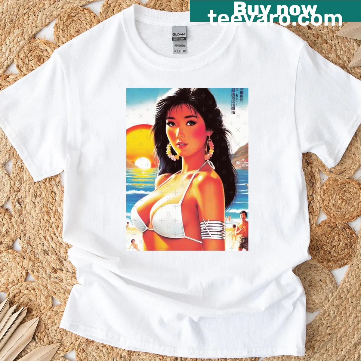 Illustrated retro oriental girl graphic t-shirt — on a men's t-shirt