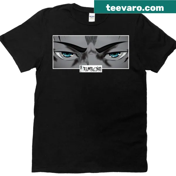 Monochrome T-shirt featuring rumbling anime eyes in manga style.