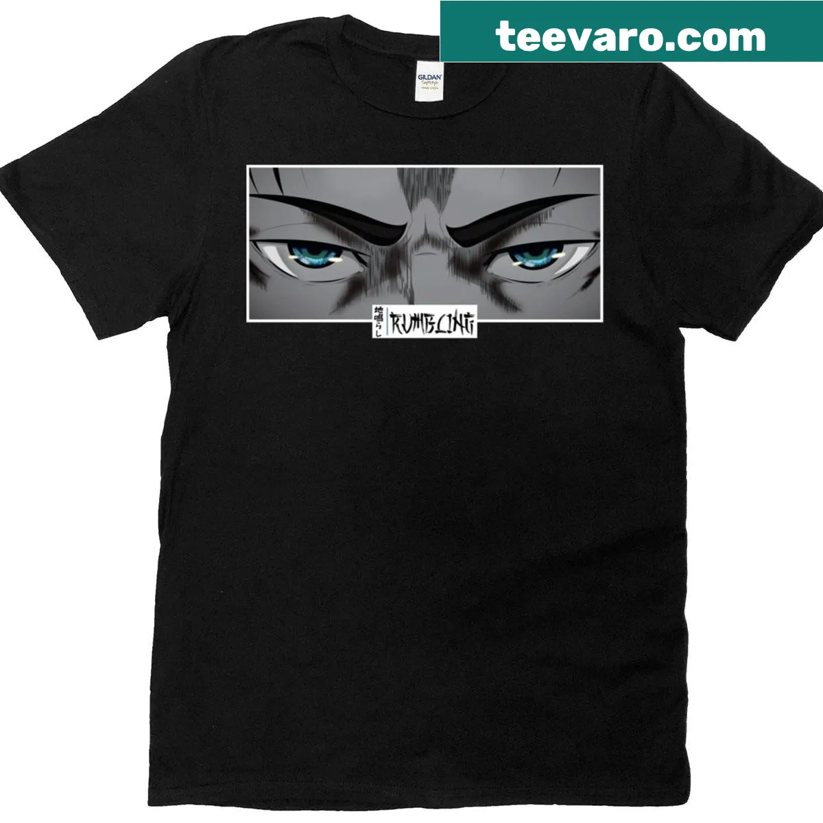 Monochrome T-shirt featuring rumbling anime eyes in manga style. — on a men's t-shirt