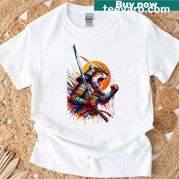 T-shirt featuring an adorable cat dressed as a samurai.